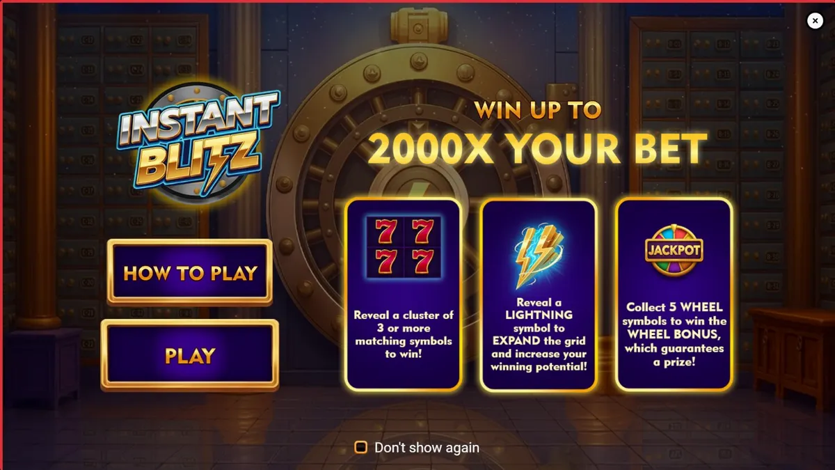 Tampilan antarmuka slot Instant Blitz dengan tema brankas futuristik dan simbol-simbol emas.