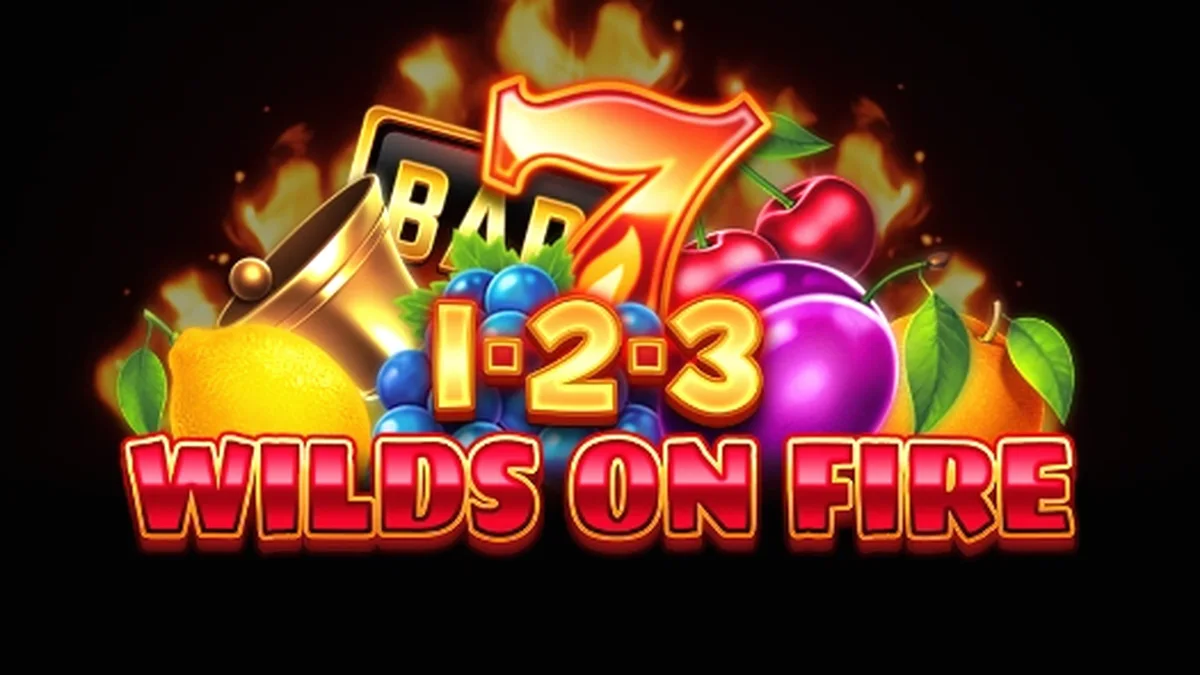 Tampilan gulungan slot 1-2-3 Wilds on Fire dengan simbol buah klasik dan efek api